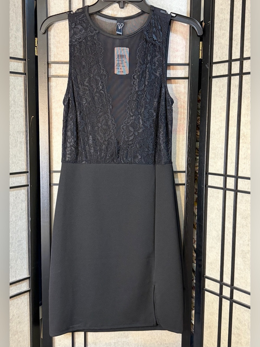 Windsor Mini Dress Size M Bodycon Black Sheer Bodice Slit Stretch Sexy Clubbing